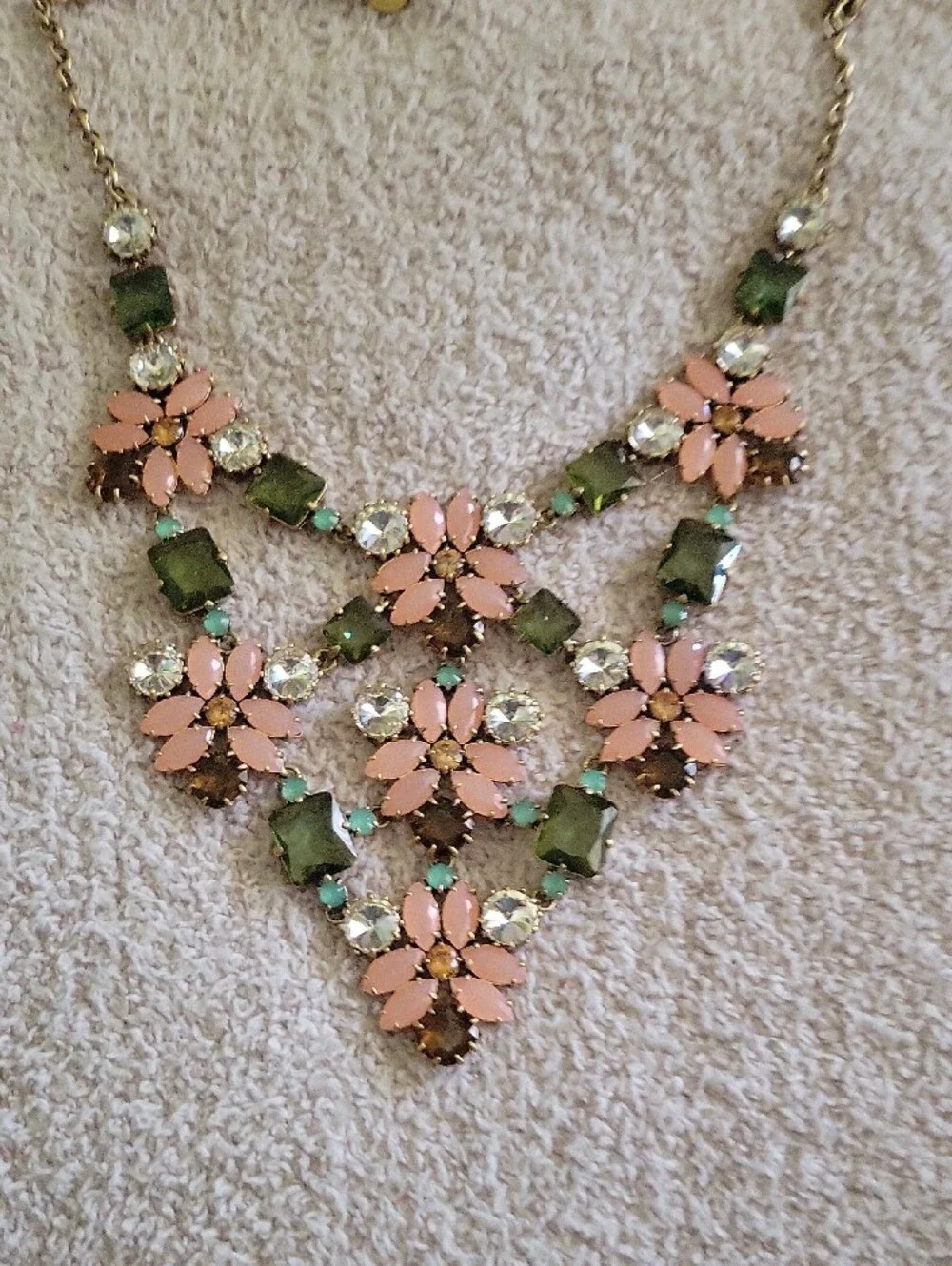 Stella & Dot Pink Floral Statement Necklace with Green and Clear Accents - Picture 10 of 10